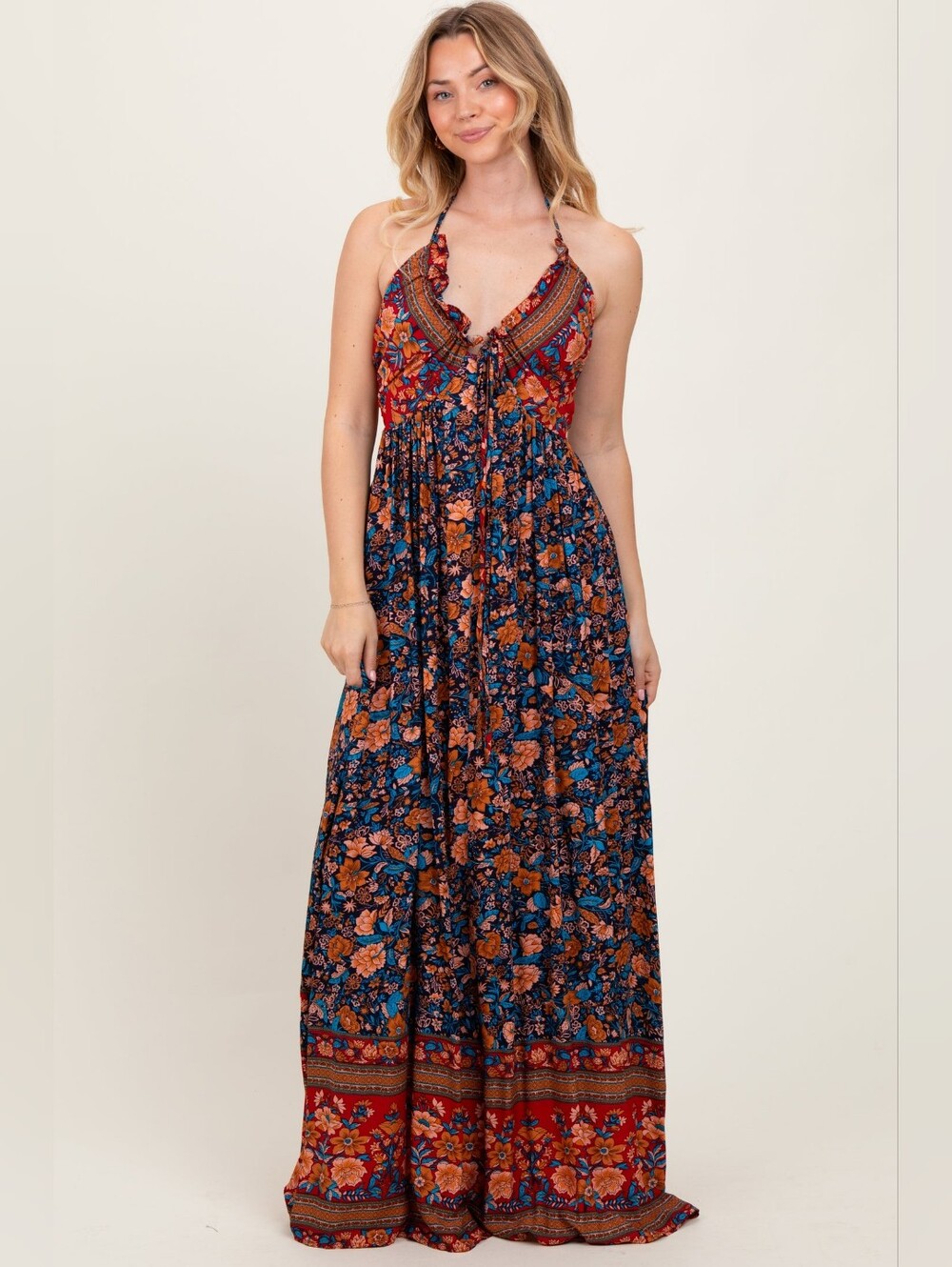 Pinkblush Navy Floral Colorblock Halter Tie Back Maxi Dress